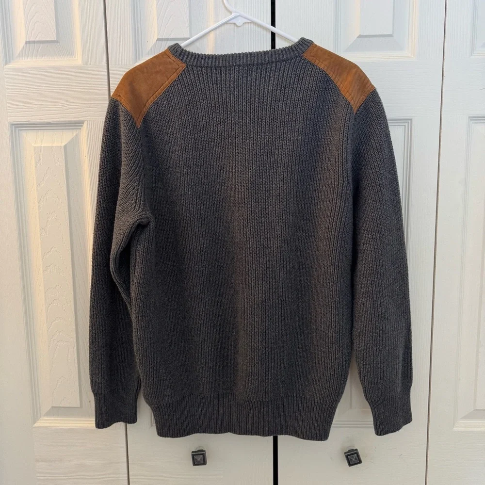 Men's J Crew Cotton Crewneck Sweater Genuine Leather‎ Patches Gray Size L
